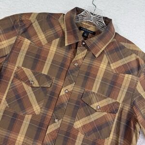 Banana Republic Pearl Snap Western Shirt Mens M Brown Plaid Has Flaws SEE PHOTOS
